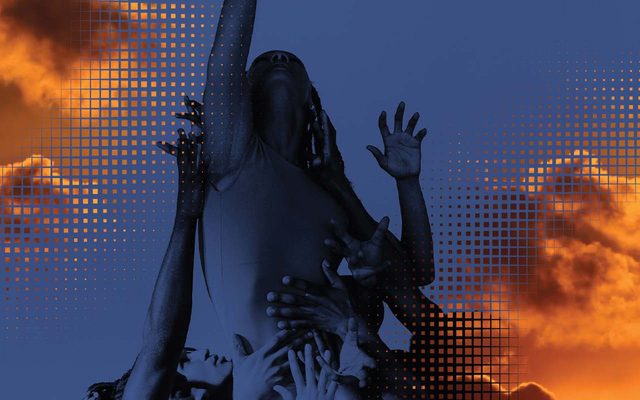 A group of people holding someone up. They are all reaching upwards. The image is in collage with images of clouds.