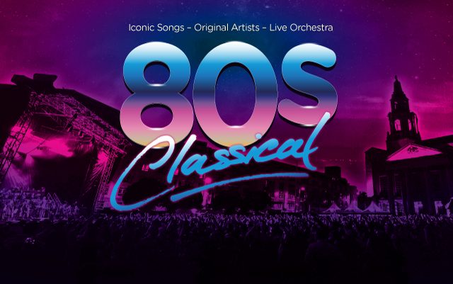 The 80s Classical logo imposed over a purple tinted photo of Leeds.