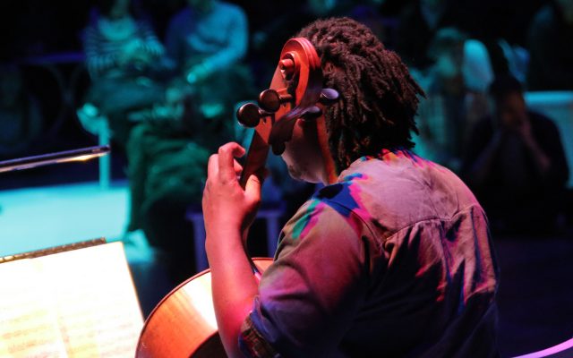 Seen from the rear, a cellist lit with warm colours performs to an audience bathed in blue light