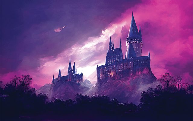 Two large castles in front of a glowing purple sky