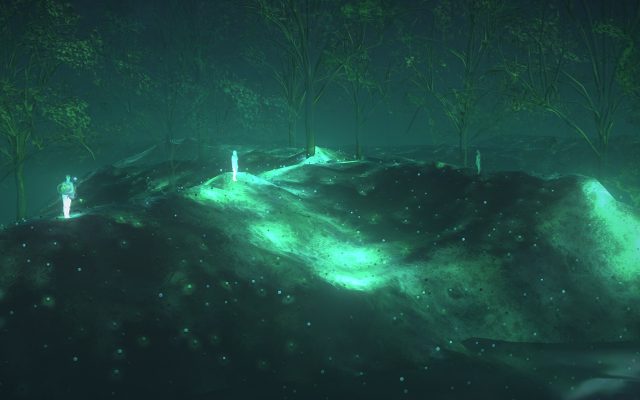 Glowing figures dotted around an eerie greenish-blue virtual landscape