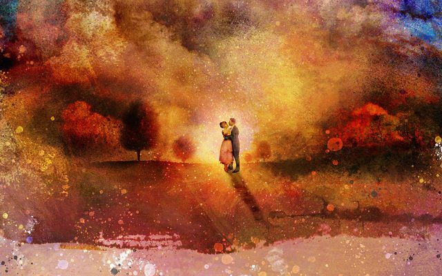 A couple in a landscape scene embrace in front of a sunset in an illustrated image