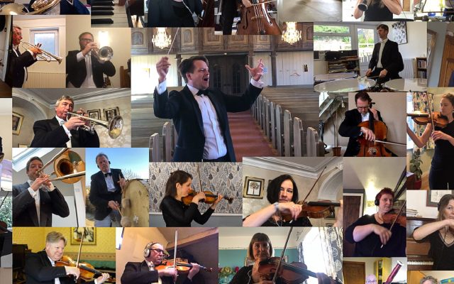 A mosaic of different shots of orchestral musicians, with a conductor at the centre