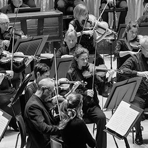 The Opera North Orchestra playing their instruments at a performance