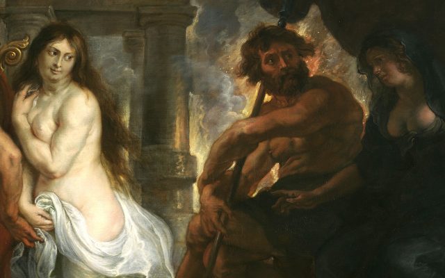 A painting of four people. The two on the left are walking away from the other two.