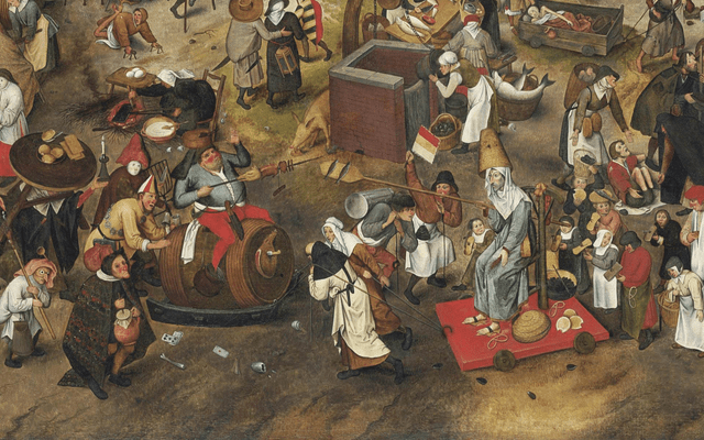 A painting of surreal scene featuring a man riding a barrel.
