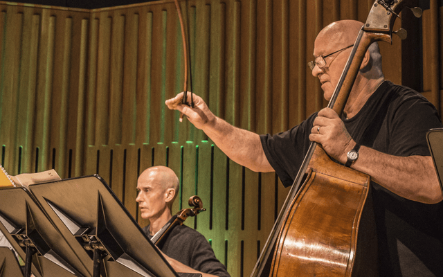 A man playing a double bass. Behind him another man is playing the cello.